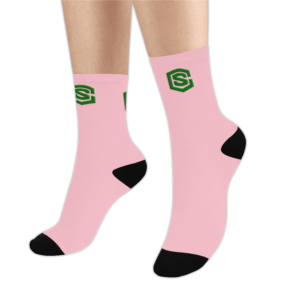 Pink Sublimated Crew Socks (Made In USA) with Green Logo Sublimated Crew Socks (Made In USA)