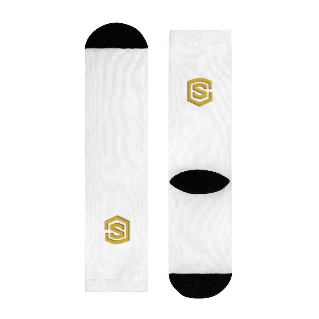 White Sublimation Crew Socks (EU) Gold Logo