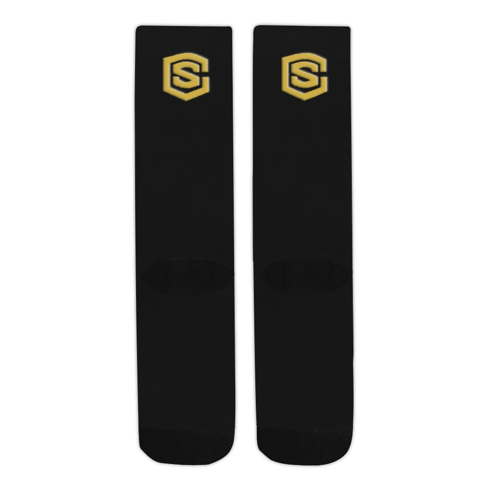 Black Sublimated Crew Socks (Made In USA) with Gold Logo Sublimated Crew Socks (Made In USA)