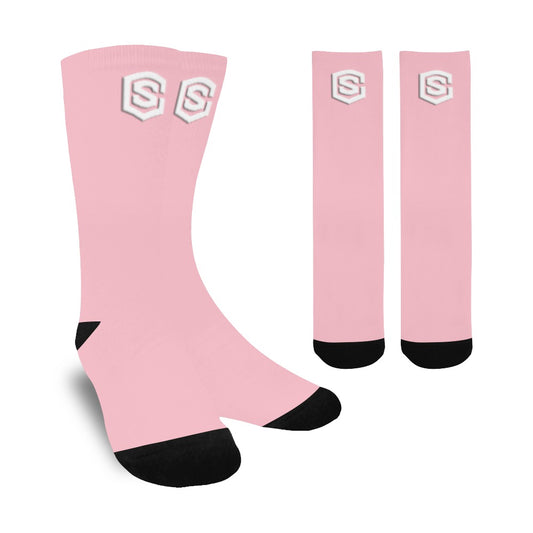 Pink Sublimated Crew Socks (Made In USA) with White Logo Sublimated Crew Socks (Made In USA)