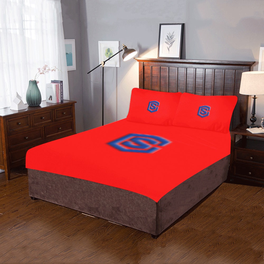 Red 3-Piece Bedding Set (1 Duvet Cover 86"x70"; 2 Pillowcases 20"x30")(One Side) wtih Blue Logo 3-Piece Bedding Set (1 Duvet Cover 86"x70"; 2 Pillowcases 20"x30")(One Side)