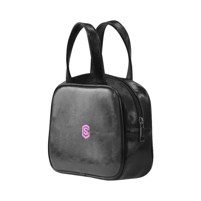 BLACK  LEATHER TOP HANDLE HANDBAG  pink logo Leather Top Handle Handbag (Model 1662)