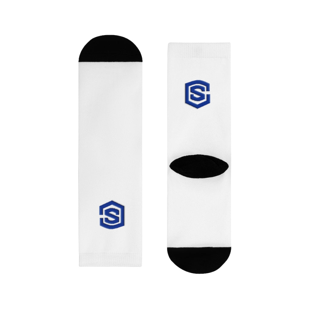white Sublimation Crew Socks (EU) Blue Logo