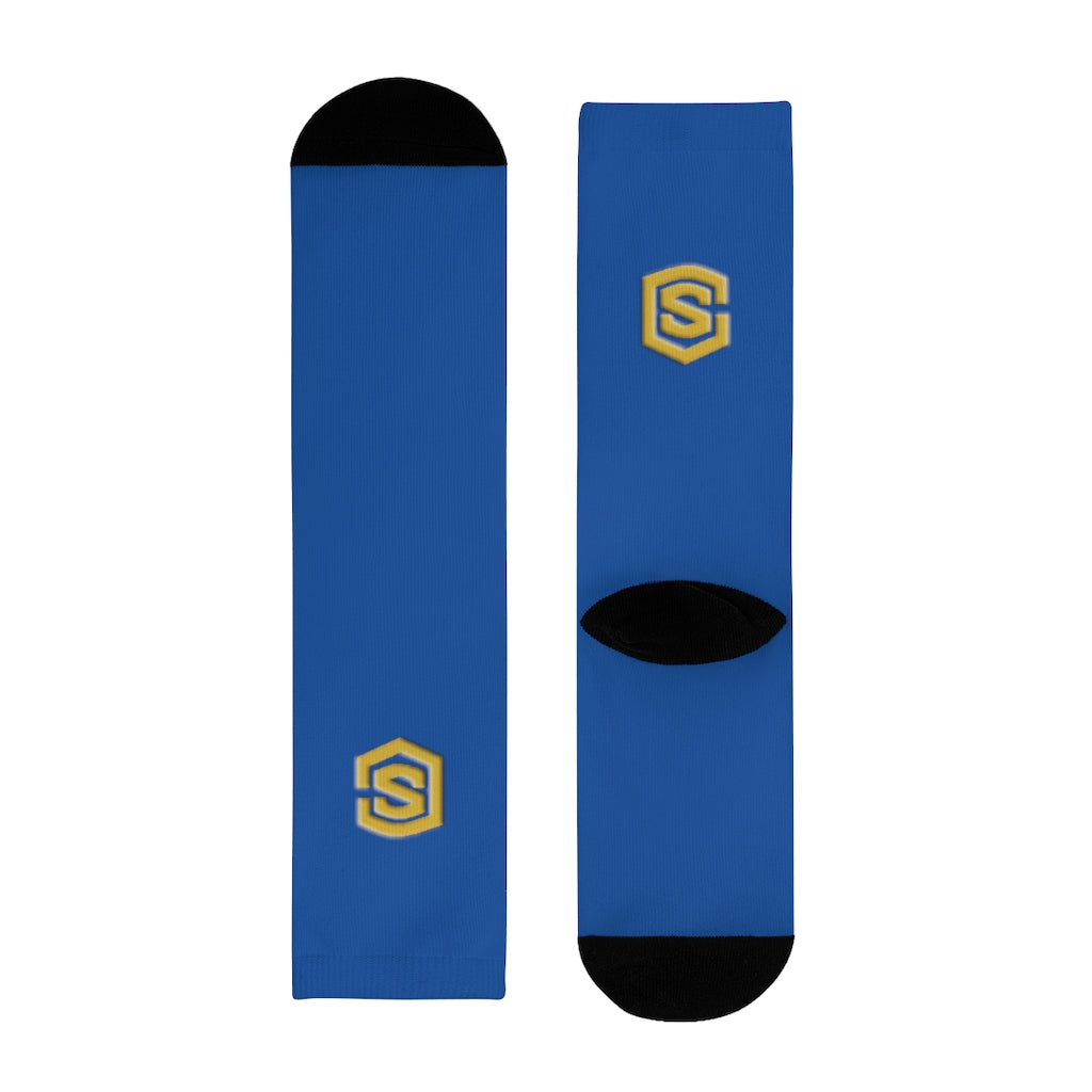 Blue Sublimation Crew Socks (EU) Gold Logo