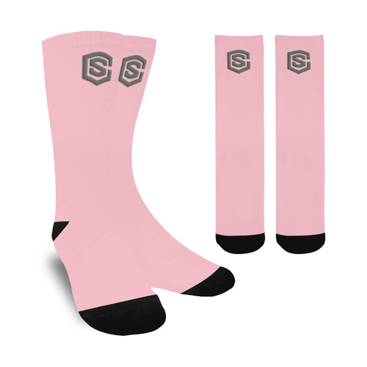 Pink Sublimated Crew Socks (Made In USA) with Gray Logo Sublimated Crew Socks (Made In USA)