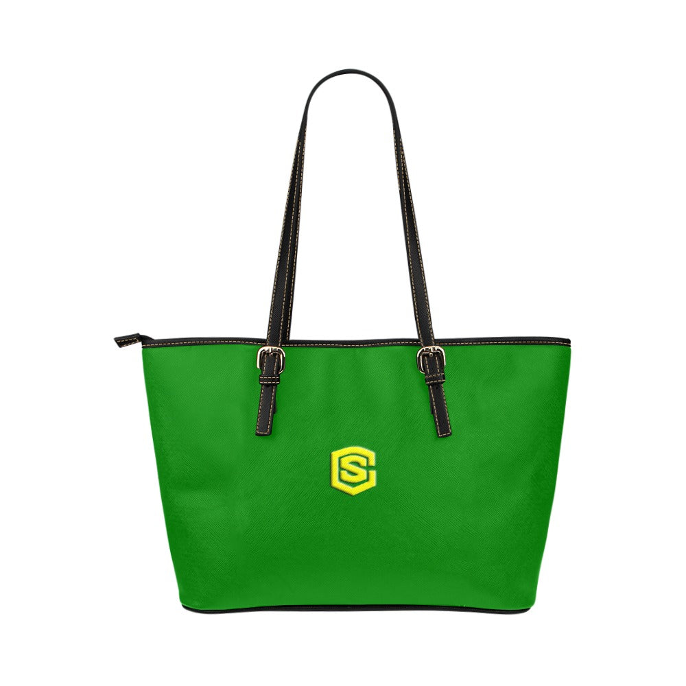 GREEN Leather Tote Bag WITH YELLOW LOGO Leather Tote Bag (Model 1651) (Big)