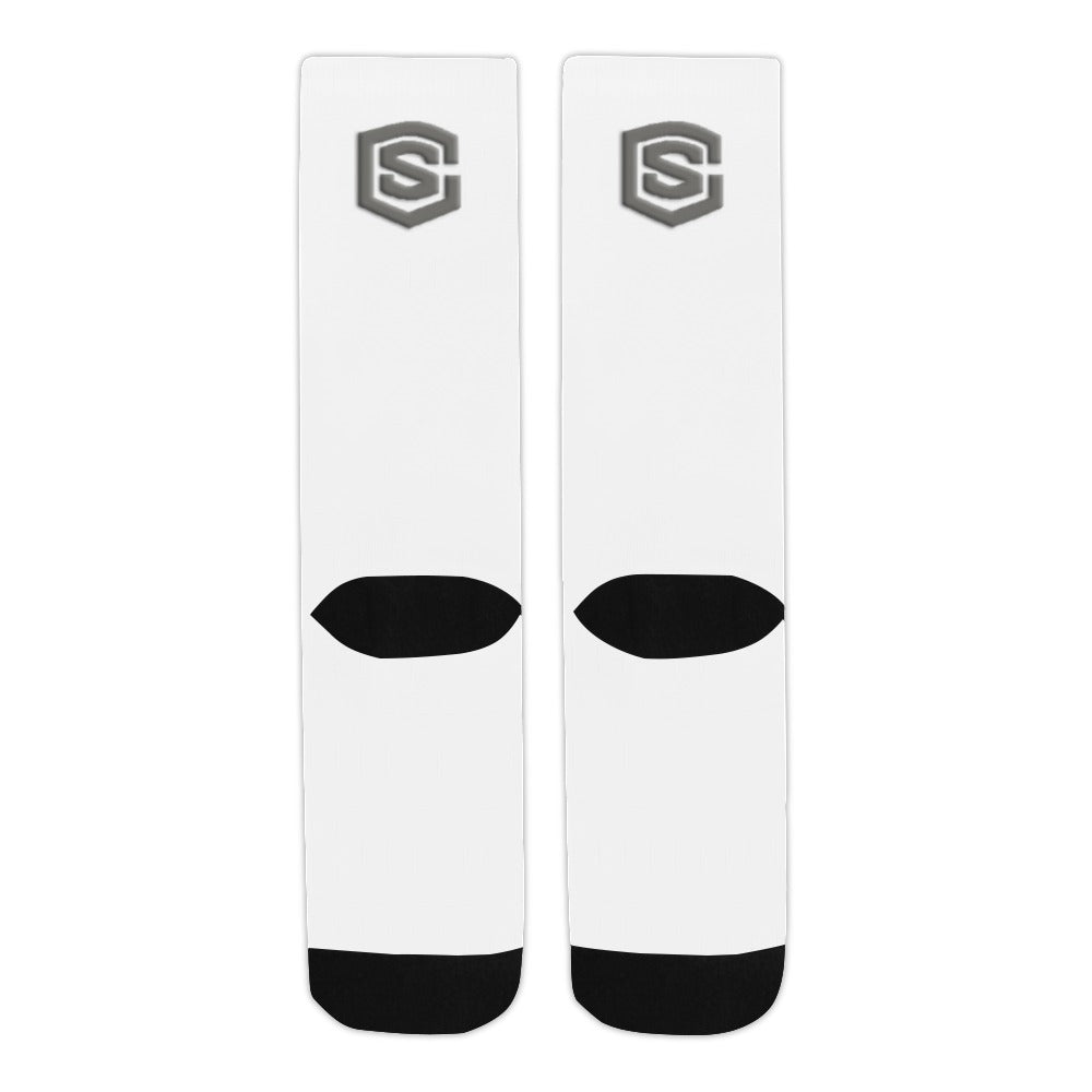 White Sublimated Crew Socks (Made In USA) with Gray Logo Sublimated Crew Socks (Made In USA)