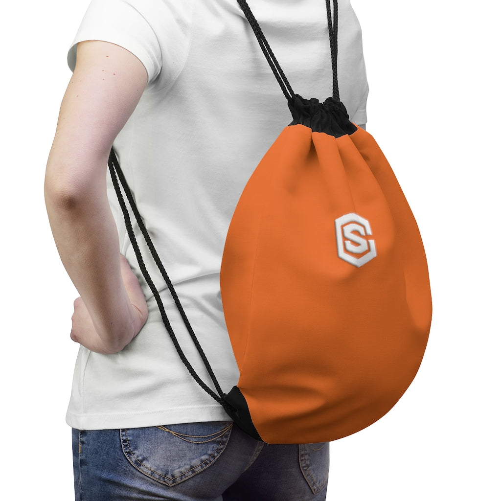 Orange Drawstring Bag White logo