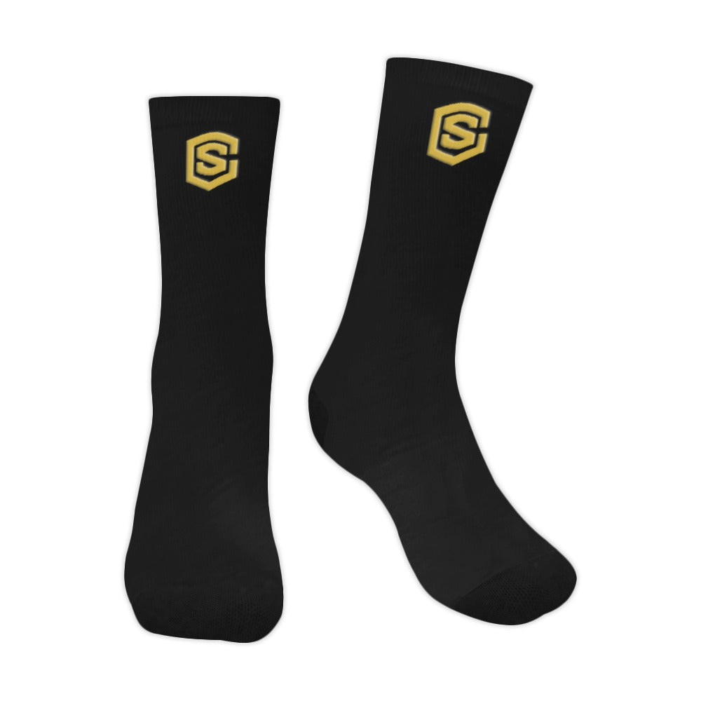 Black Sublimated Crew Socks (Made In USA) with Gold Logo Sublimated Crew Socks (Made In USA)