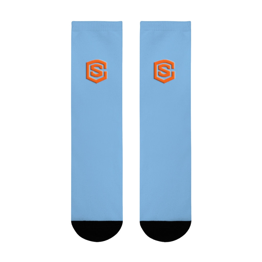Blue Sublimation Crew Socks (EU) Orange Logo