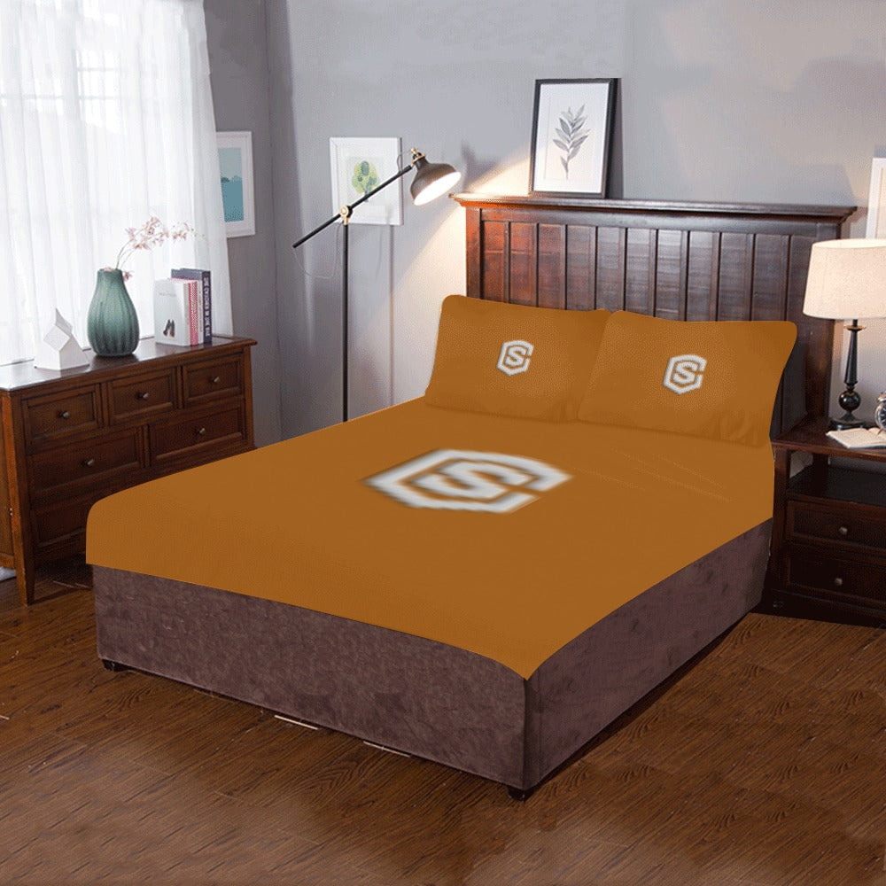 Brown 3-Piece Bedding Set (1 Duvet Cover 86"x70"; 2 Pillowcases 20"x30")(One Side) wtih Silver Logo 3-Piece Bedding Set (1 Duvet Cover 86"x70"; 2 Pillowcases 20"x30")(One Side)