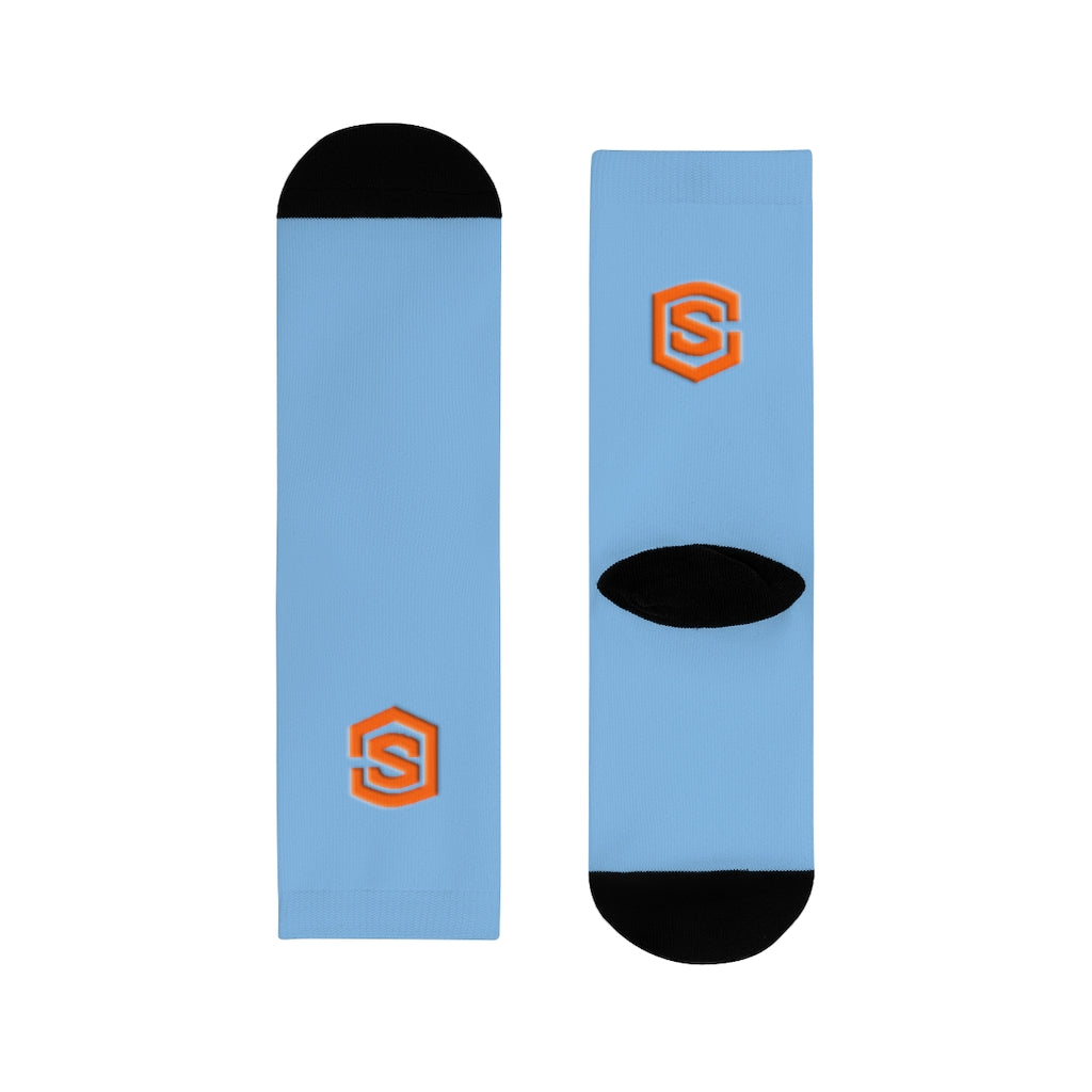 Blue Sublimation Crew Socks (EU) Orange Logo