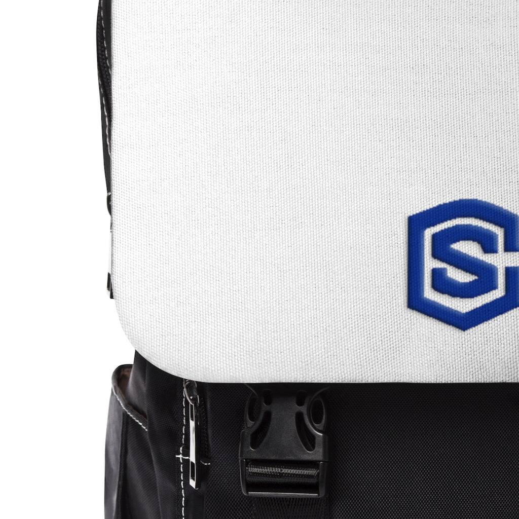 White Unisex Casual Shoulder Backpack Blue logo
