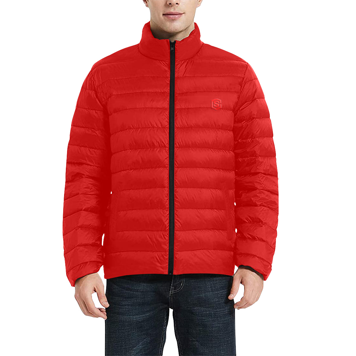 Red Logo Men's Stand Collar Padded Jacket (Model H41)