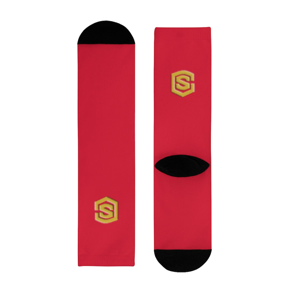 Red Sublimation Crew Socks (EU) Gold Logo