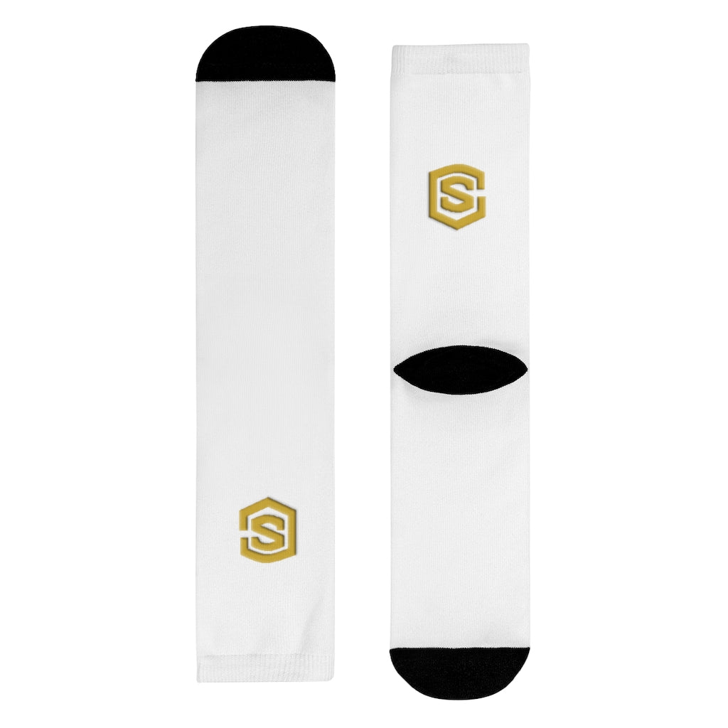White Sublimation Crew Socks (EU) Gold Logo