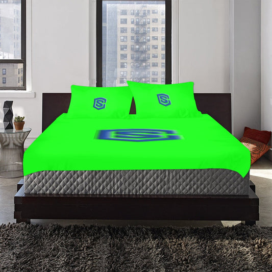 Green 3-Piece Bedding Set (1 Duvet Cover 86"x70"; 2 Pillowcases 20"x30")(One Side) wtih Blue Logo 3-Piece Bedding Set (1 Duvet Cover 86"x70"; 2 Pillowcases 20"x30")(One Side)