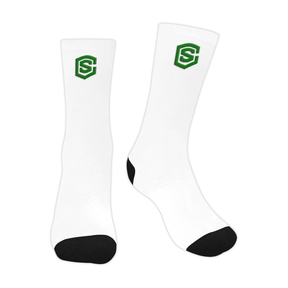 White Sublimated Crew Socks (Made In USA) with Green Logo Sublimated Crew Socks (Made In USA)