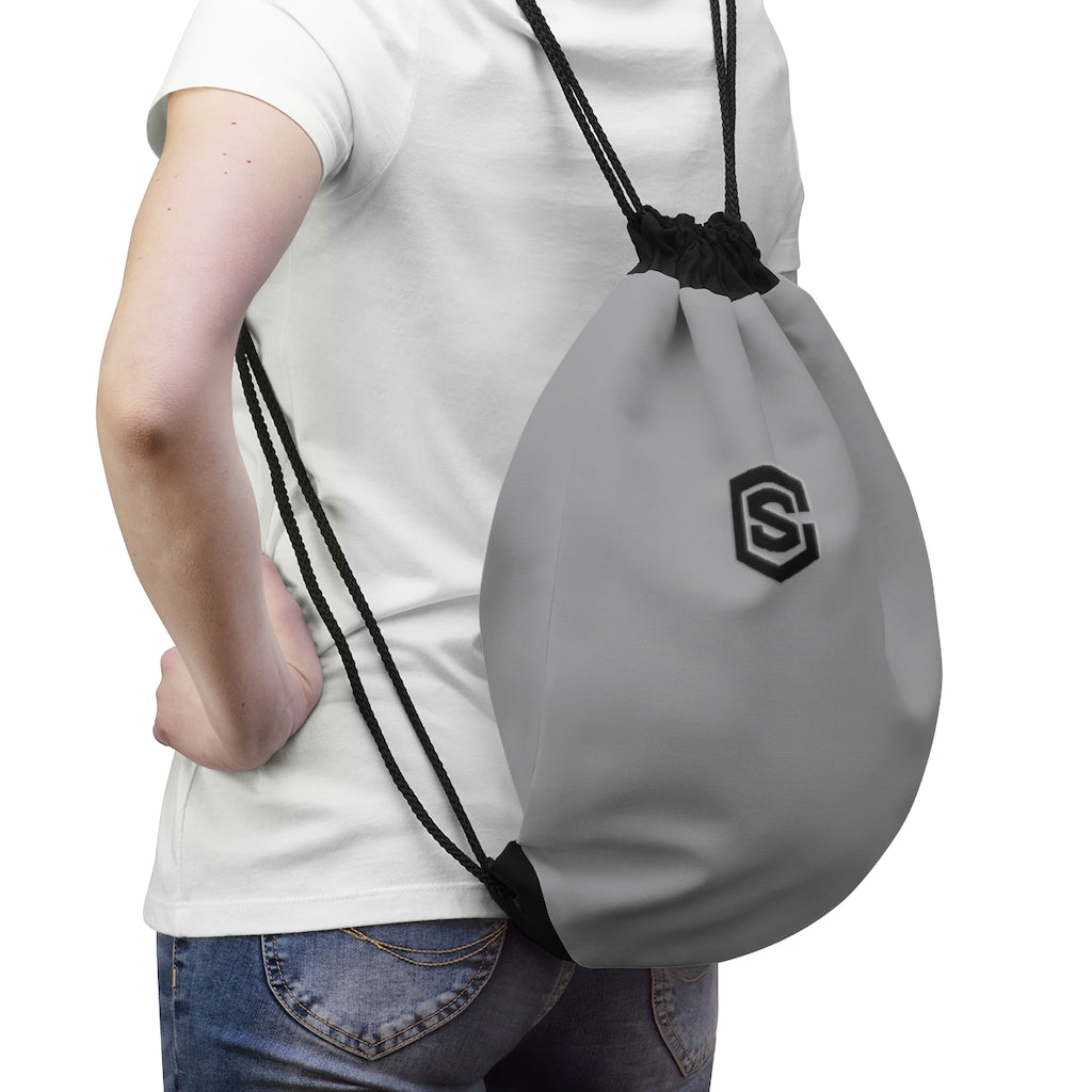 Grey Drawstring Bag Black logo