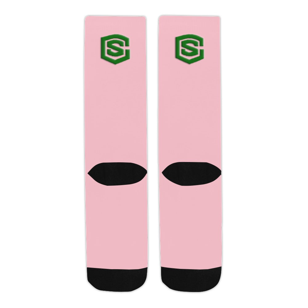 Pink Sublimated Crew Socks (Made In USA) with Green Logo Sublimated Crew Socks (Made In USA)