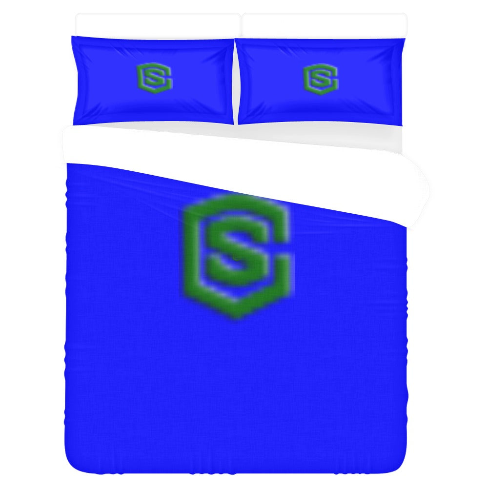 Blue 3-Piece Bedding Set (1 Duvet Cover 86"x70"; 2 Pillowcases 20"x30")(One Side) wtih Green Logo 3-Piece Bedding Set (1 Duvet Cover 86"x70"; 2 Pillowcases 20"x30")(One Side)