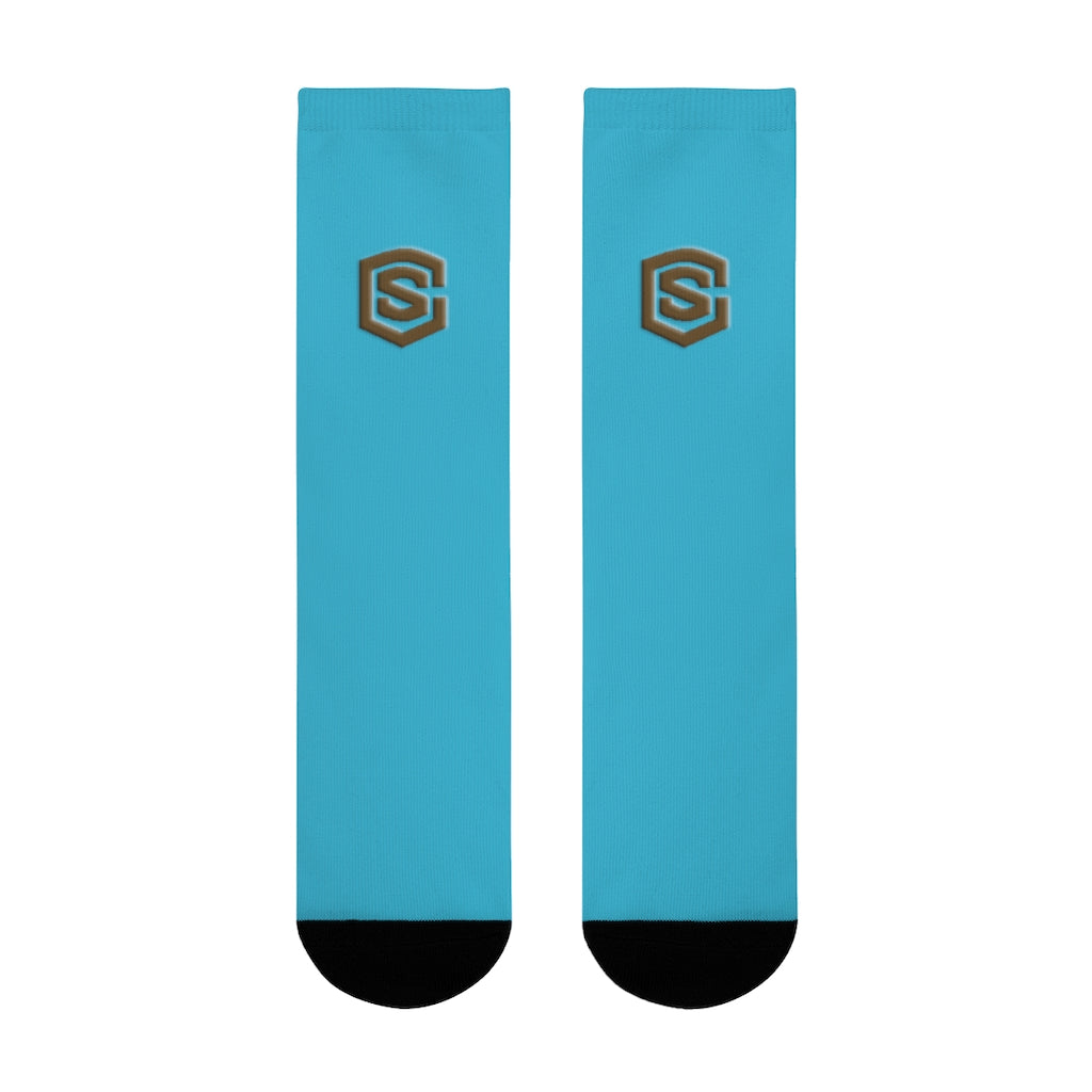 Blue Sublimation Crew Socks (EU) Brown Logo