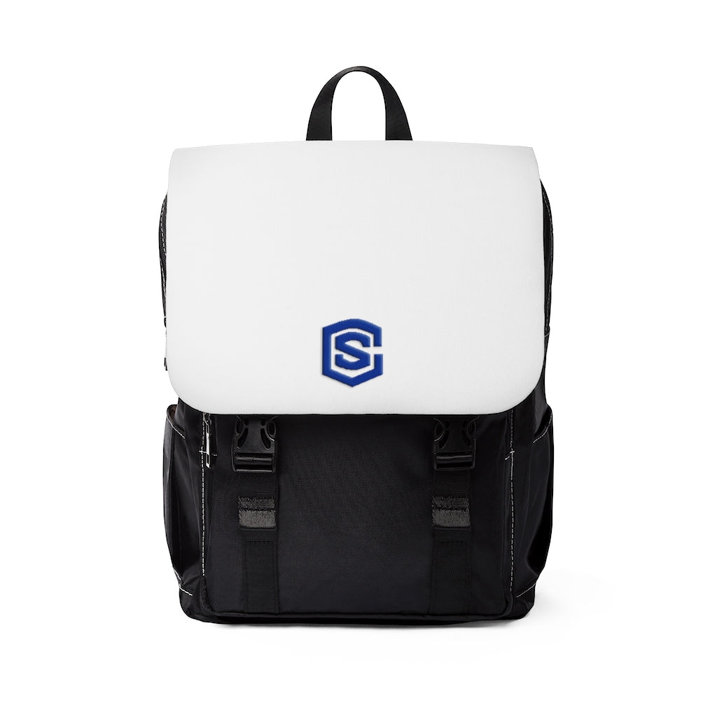 White Unisex Casual Shoulder Backpack Blue logo