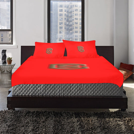 Red 3-Piece Bedding Set (1 Duvet Cover 86"x70"; 2 Pillowcases 20"x30")(One Side) wtih Brown Logo 3-Piece Bedding Set (1 Duvet Cover 86"x70"; 2 Pillowcases 20"x30")(One Side)