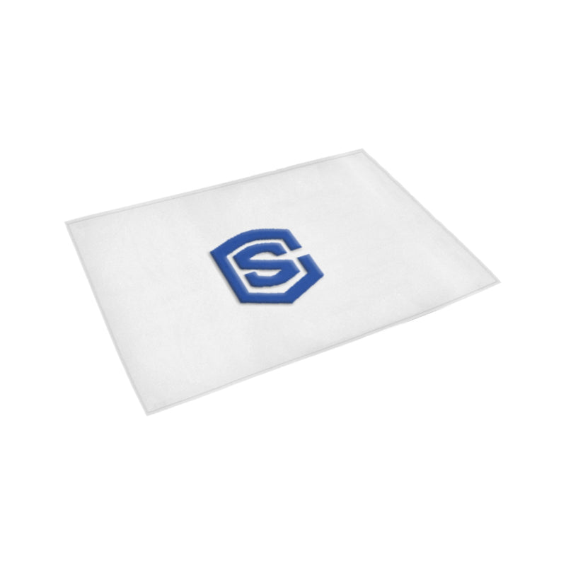 White Door Mat with Blue Logo Doormat 24" x 16" (Sponge Material)