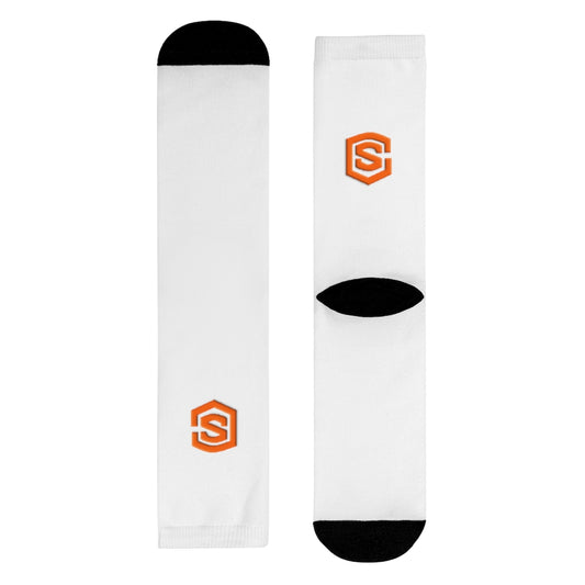 White Sublimation Crew Socks (EU) Orange Logo