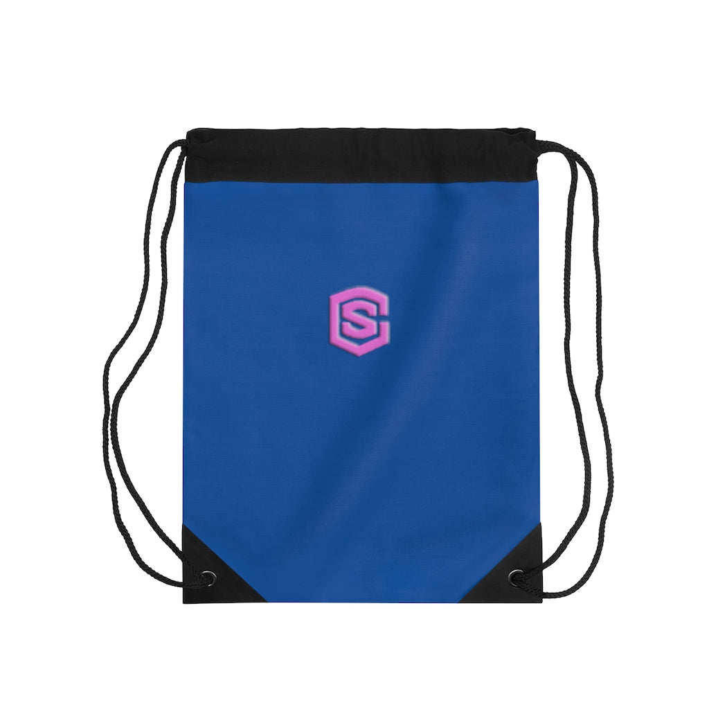Blue Drawstring Bag Pink logo