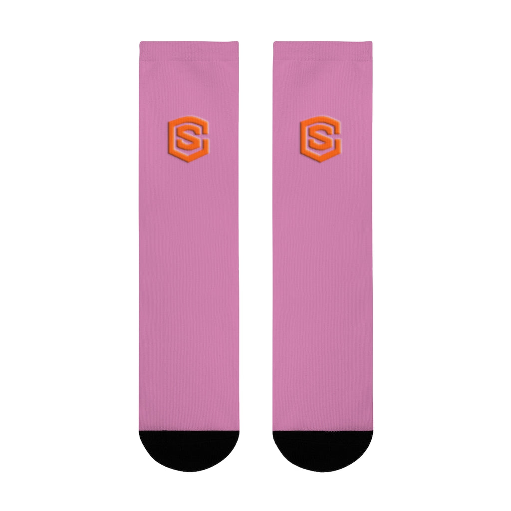 Pink Sublimation Crew Socks (EU) Orange Logo