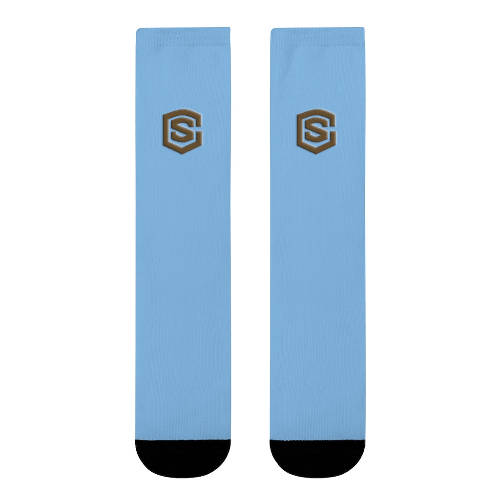 Blue Sublimation Crew Socks (EU) Brown Logo