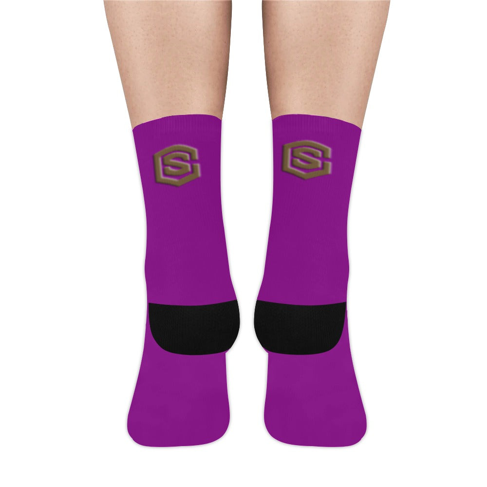 Purple Sublimated Crew Socks (Made In USA) with Brown Logo Sublimated Crew Socks (Made In USA)