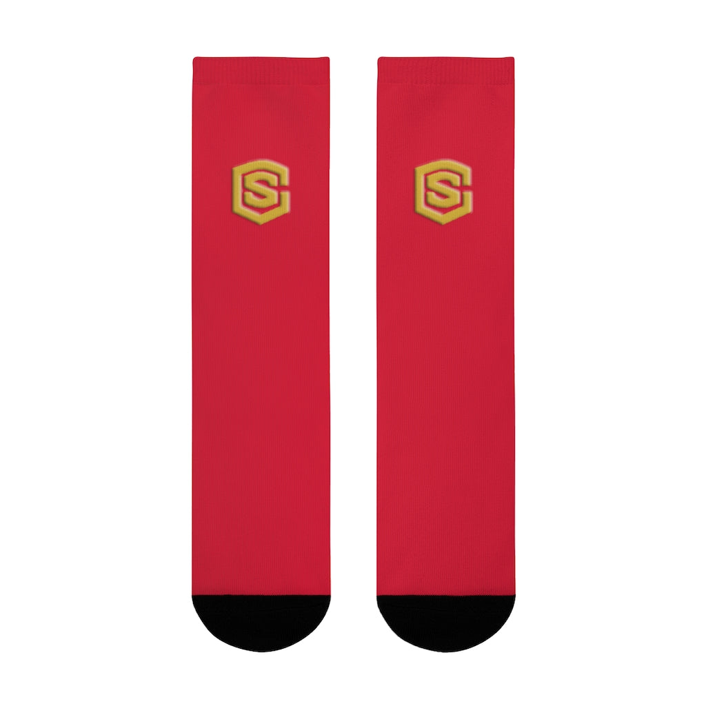 Red Sublimation Crew Socks (EU) Gold Logo