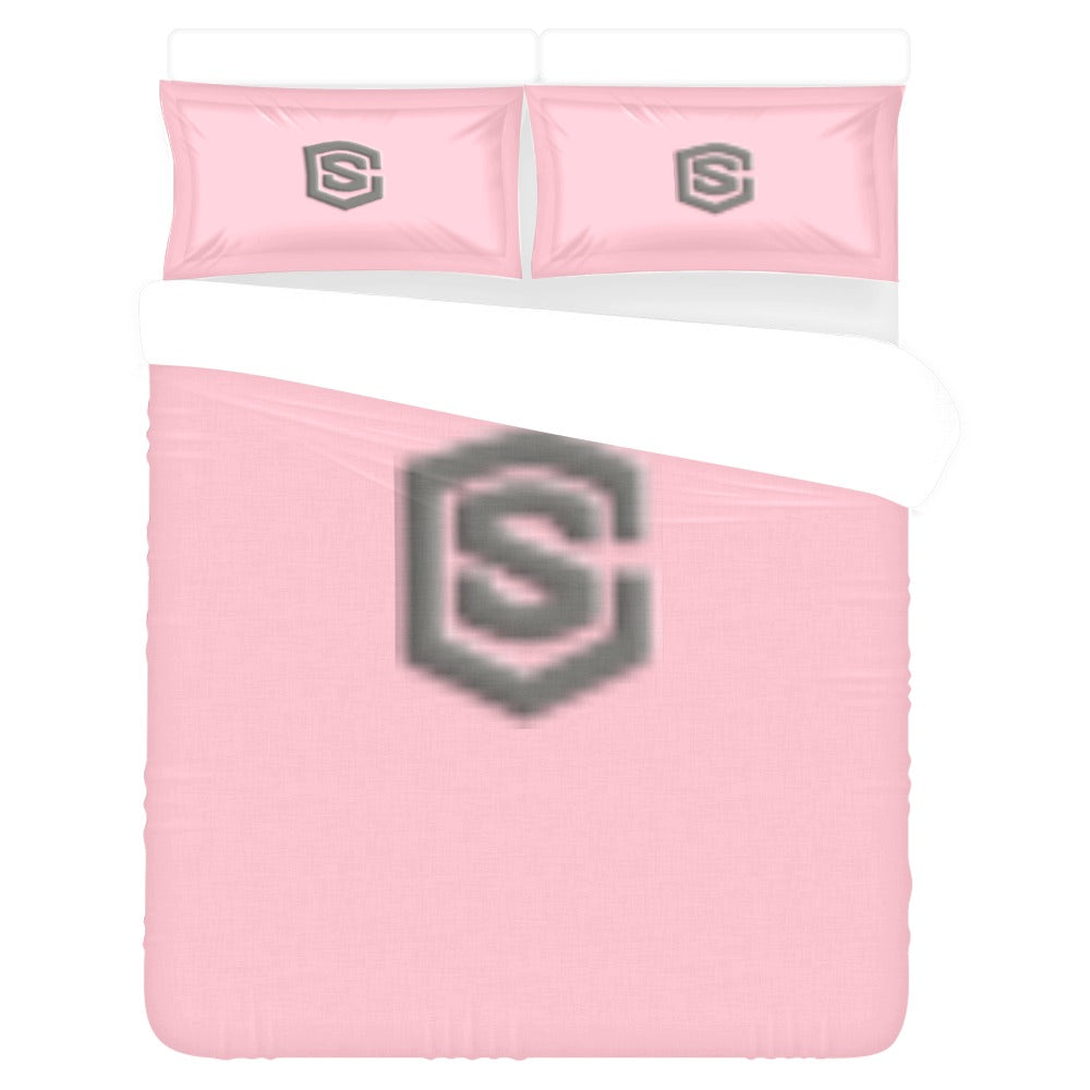 Pink 3-Piece Bedding Set (1 Duvet Cover 86"x70"; 2 Pillowcases 20"x30")(One Side) wtih Gray Logo 3-Piece Bedding Set (1 Duvet Cover 86"x70"; 2 Pillowcases 20"x30")(One Side)