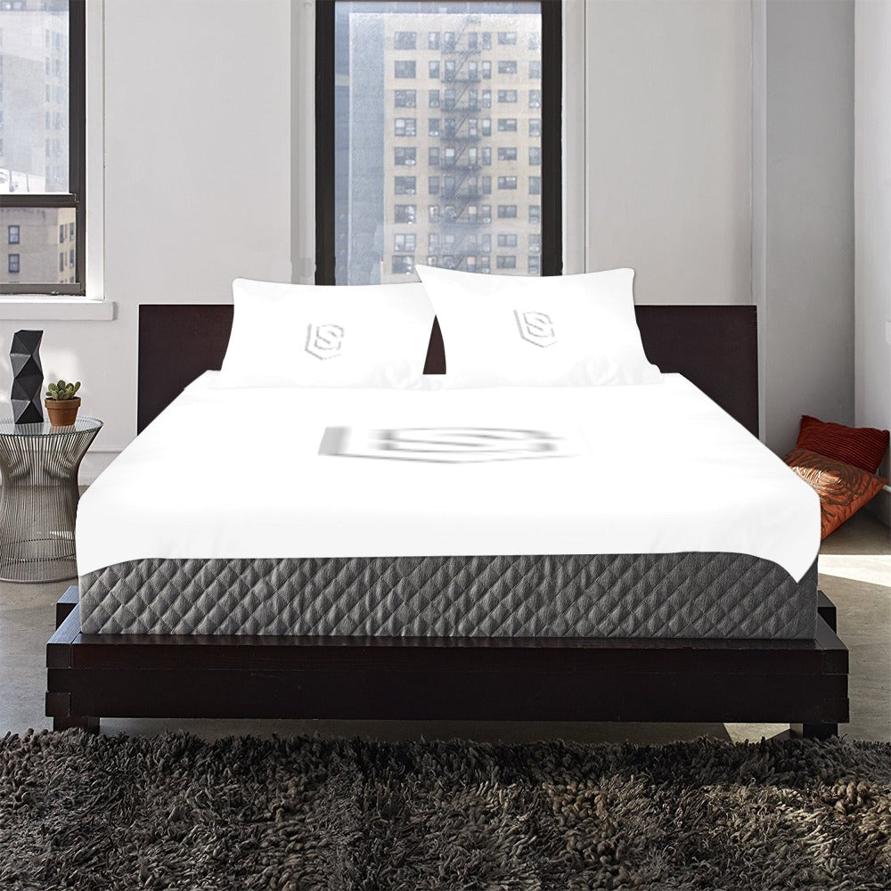 White 3-Piece Bedding Set (1 Duvet Cover 86"x70"; 2 Pillowcases 20"x30")(One Side) wtih White Logo 3-Piece Bedding Set (1 Duvet Cover 86"x70"; 2 Pillowcases 20"x30")(One Side)