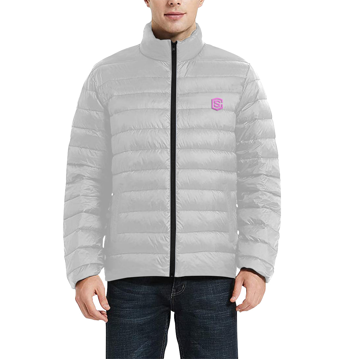 Pink Logo Men's Stand Collar Padded Jacket (Model H41)
