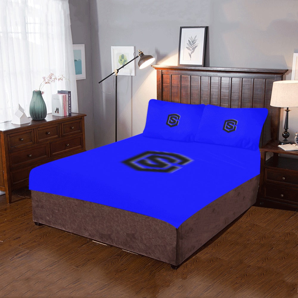 Blue 3-Piece Bedding Set (1 Duvet Cover 86"x70"; 2 Pillowcases 20"x30")(One Side) wtih Black Logo 3-Piece Bedding Set (1 Duvet Cover 86"x70"; 2 Pillowcases 20"x30")(One Side)