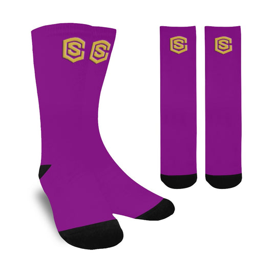 Purple Sublimated Crew Socks (Made In USA) with Gold Logo Sublimated Crew Socks (Made In USA)