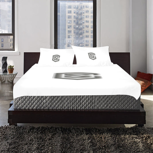 White 3-Piece Bedding Set (1 Duvet Cover 86"x70"; 2 Pillowcases 20"x30")(One Side) wtih Grey Logo 3-Piece Bedding Set (1 Duvet Cover 86"x70"; 2 Pillowcases 20"x30")(One Side)