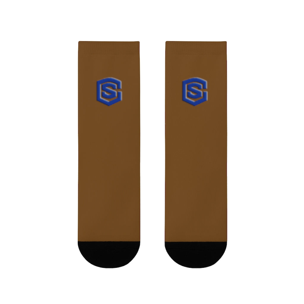 brown Sublimation Crew Socks (EU) Blue Logo