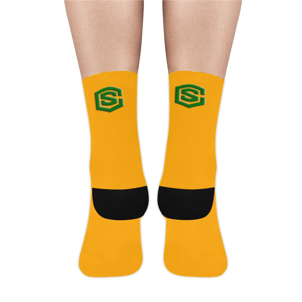 Orange Sublimated Crew Socks (Made In USA) with Green Logo Sublimated Crew Socks (Made In USA)