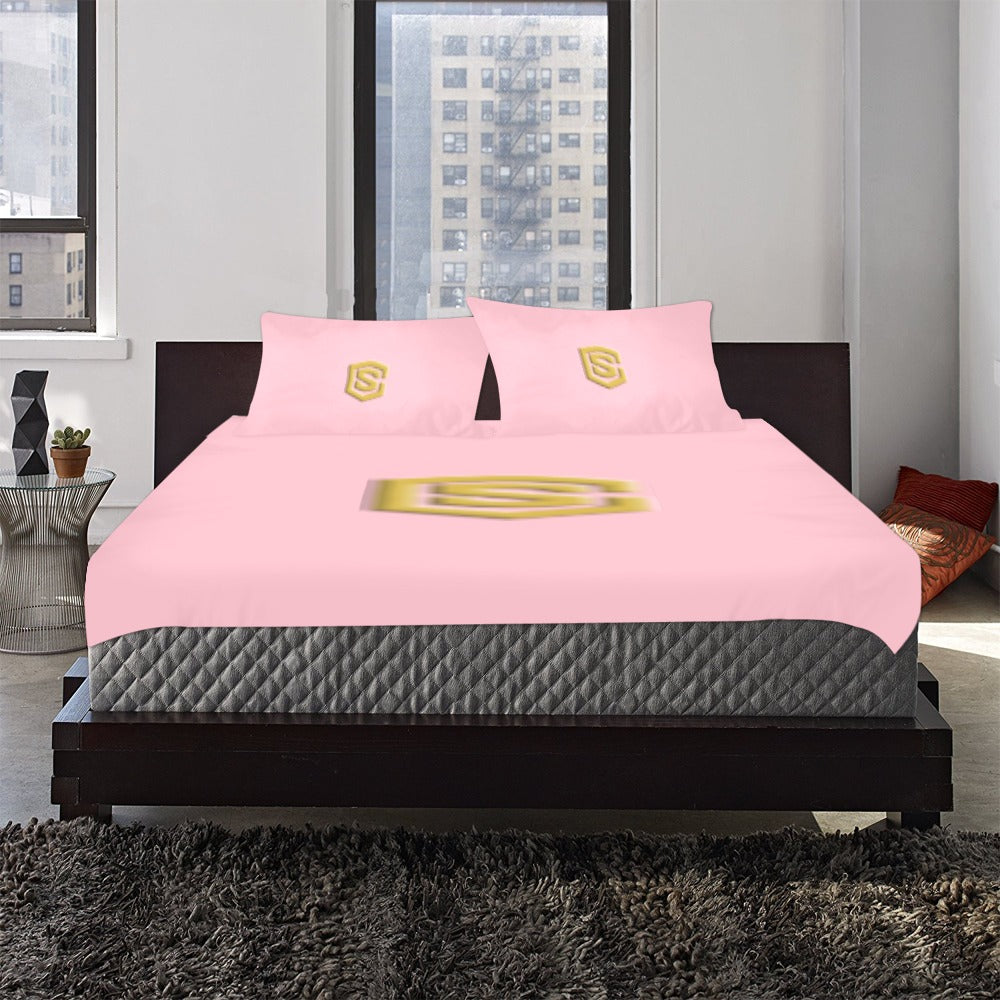 Pink 3-Piece Bedding Set (1 Duvet Cover 86"x70"; 2 Pillowcases 20"x30")(One Side) wtih Gold Logo 3-Piece Bedding Set (1 Duvet Cover 86"x70"; 2 Pillowcases 20"x30")(One Side)