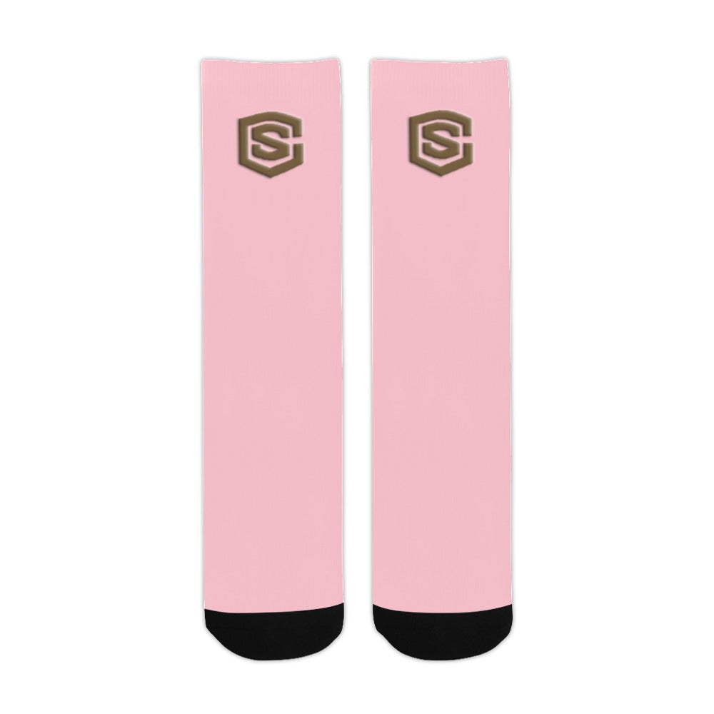 Pink Sublimated Crew Socks (Made In USA) with Brown Logo Sublimated Crew Socks (Made In USA)