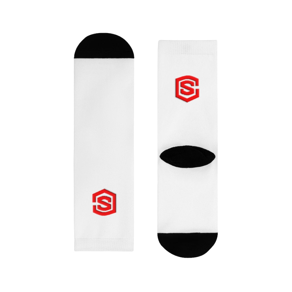 White Sublimation Crew Socks (EU) Red Logo