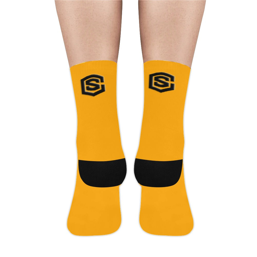 Orange Sublimated Crew Socks (Made In USA) with Black Logo Sublimated Crew Socks (Made In USA)