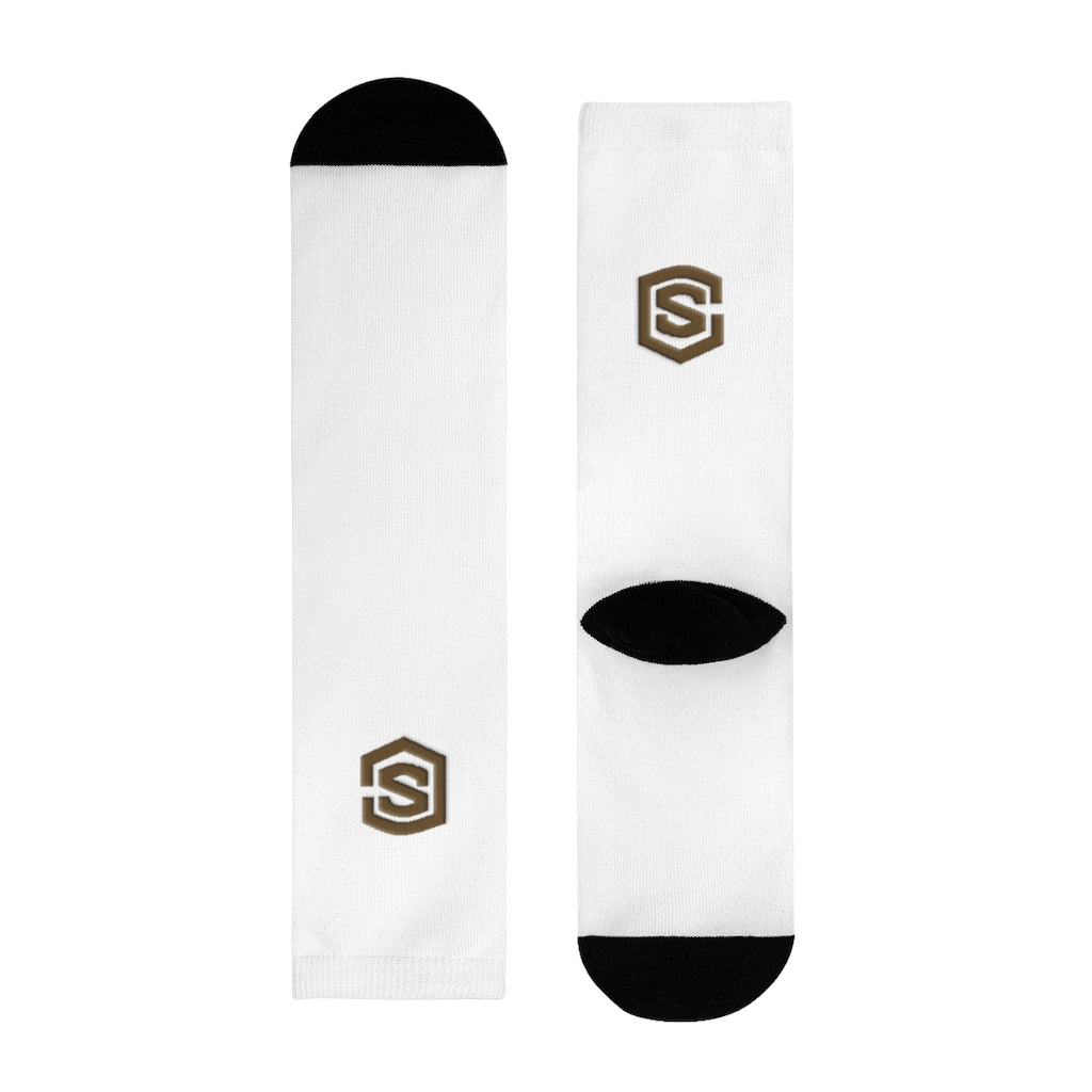 White Sublimation Crew Socks (EU) Brown Logo
