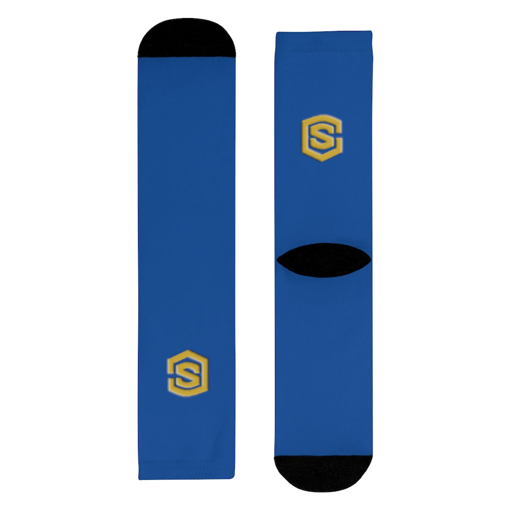 Blue Sublimation Crew Socks (EU) Gold Logo
