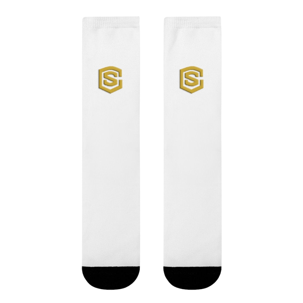 White Sublimation Crew Socks (EU) Gold Logo